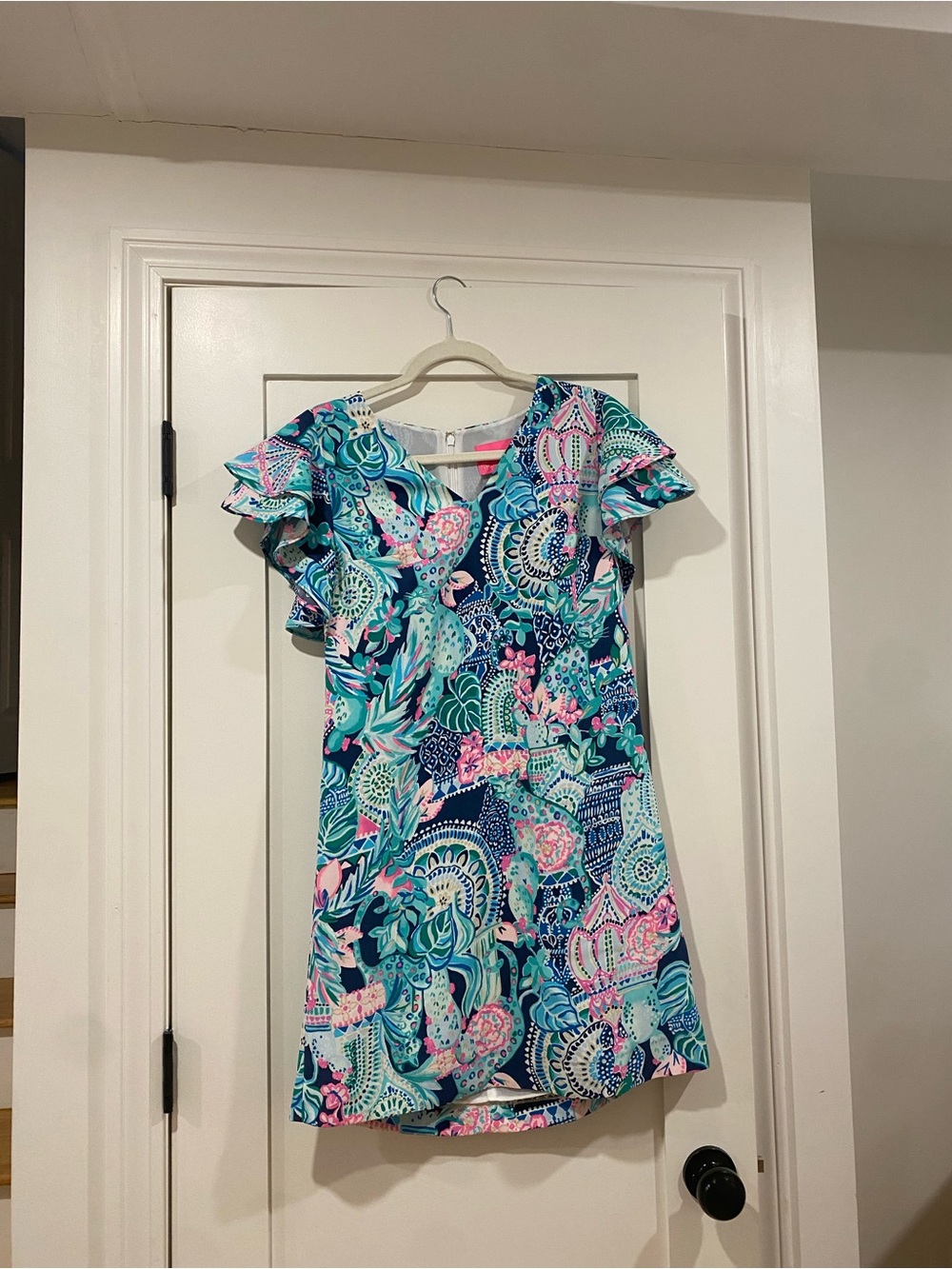 Lilly Pulitzer Teal, Navy & Pink Ruffle-Sleeve Mini Dress
